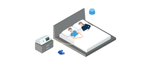 Illustration of a man and woman sleeping in a bed during at-home peritoneal dialysis